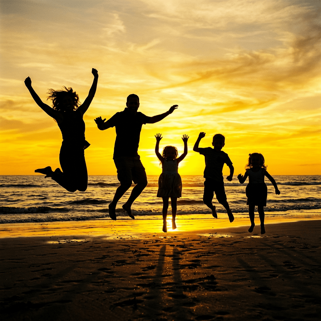 Silhouettes of two adults and three children jumping on a beach during sunset